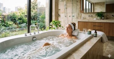 Uma jovem relaxa e sorri em uma banheira de hidromassagem.