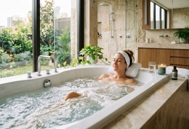 Uma jovem relaxa e sorri em uma banheira de hidromassagem.