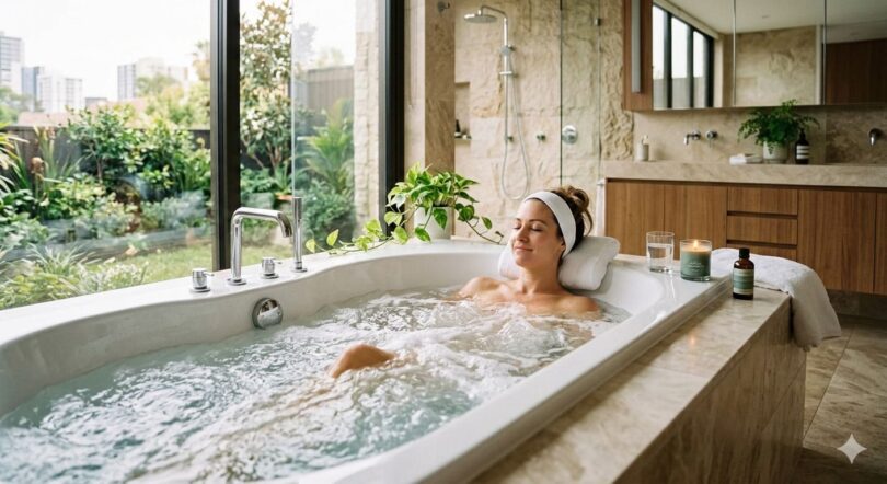 Uma jovem relaxa e sorri em uma banheira de hidromassagem.