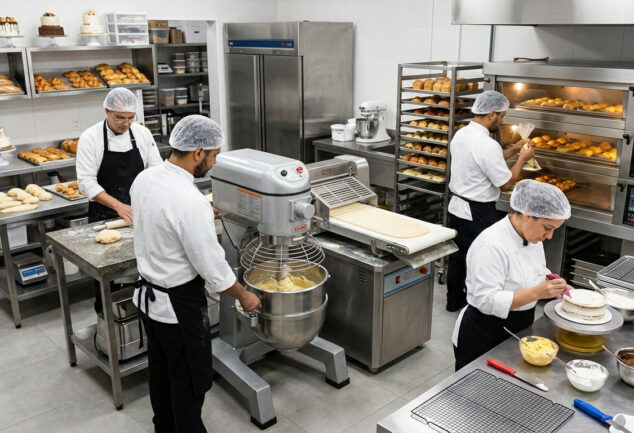 Imagem de uma mesa repleta de ingredientes e equipamentos para confeitaria profissional.